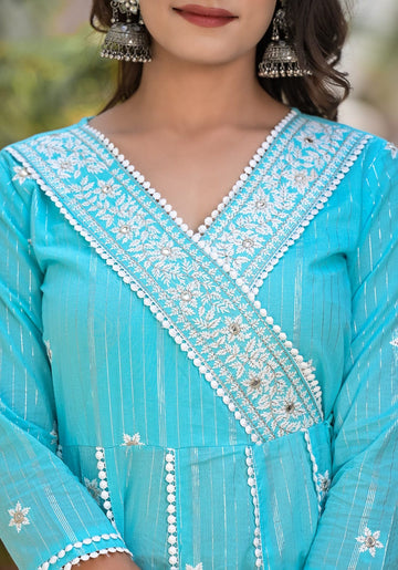 Varanga Women Blue Thread Embroidered Anarkali Kurta With Bottom And Dupatta